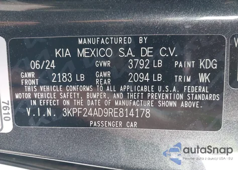 2024 Kia Forte Lxs from USA, damaged, VIN 3KPF24AD9RE814178